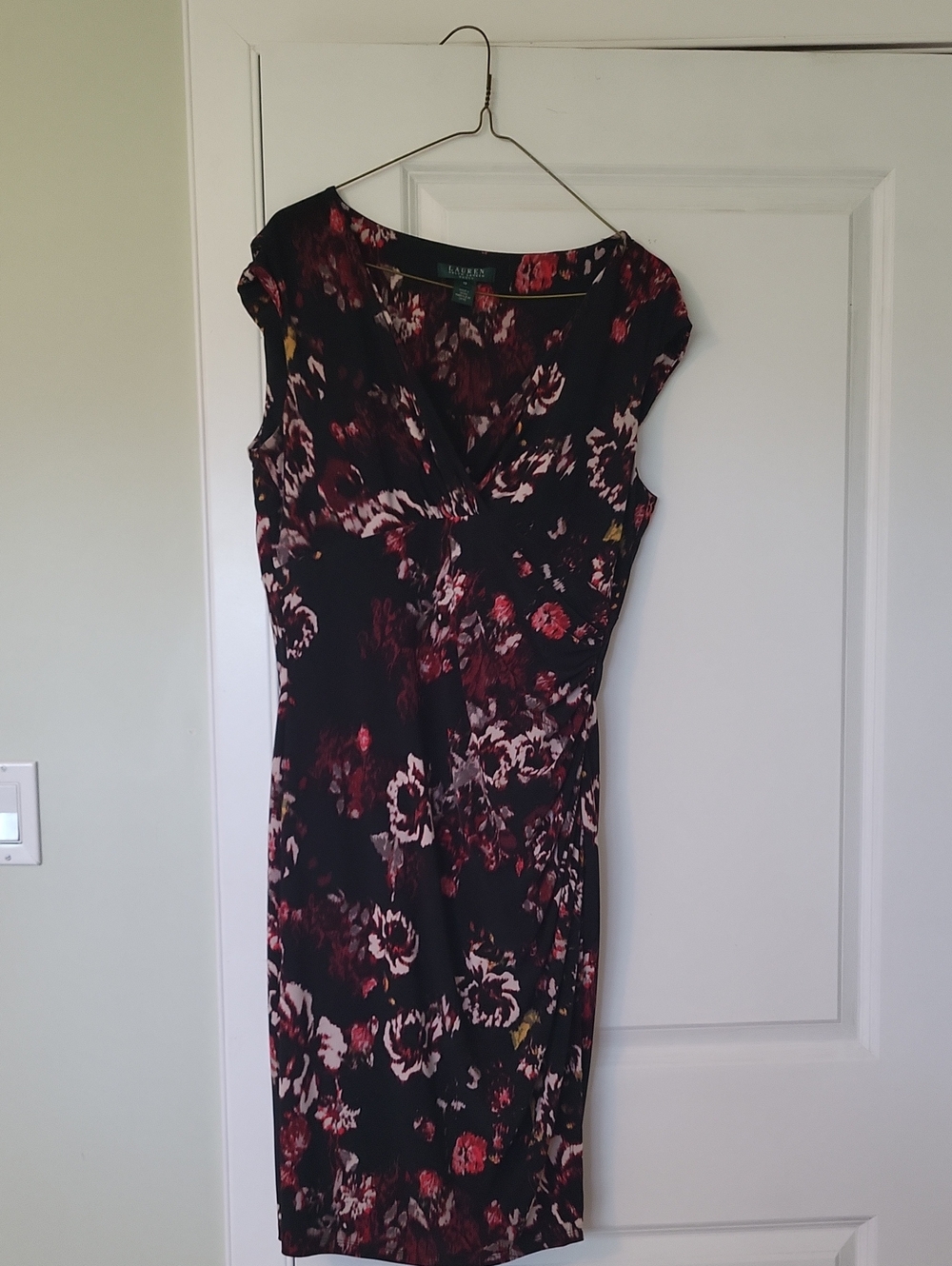 Lauren Ralph Lauren Black Floral Midi Sheath Dress with Red and Cream Blooms